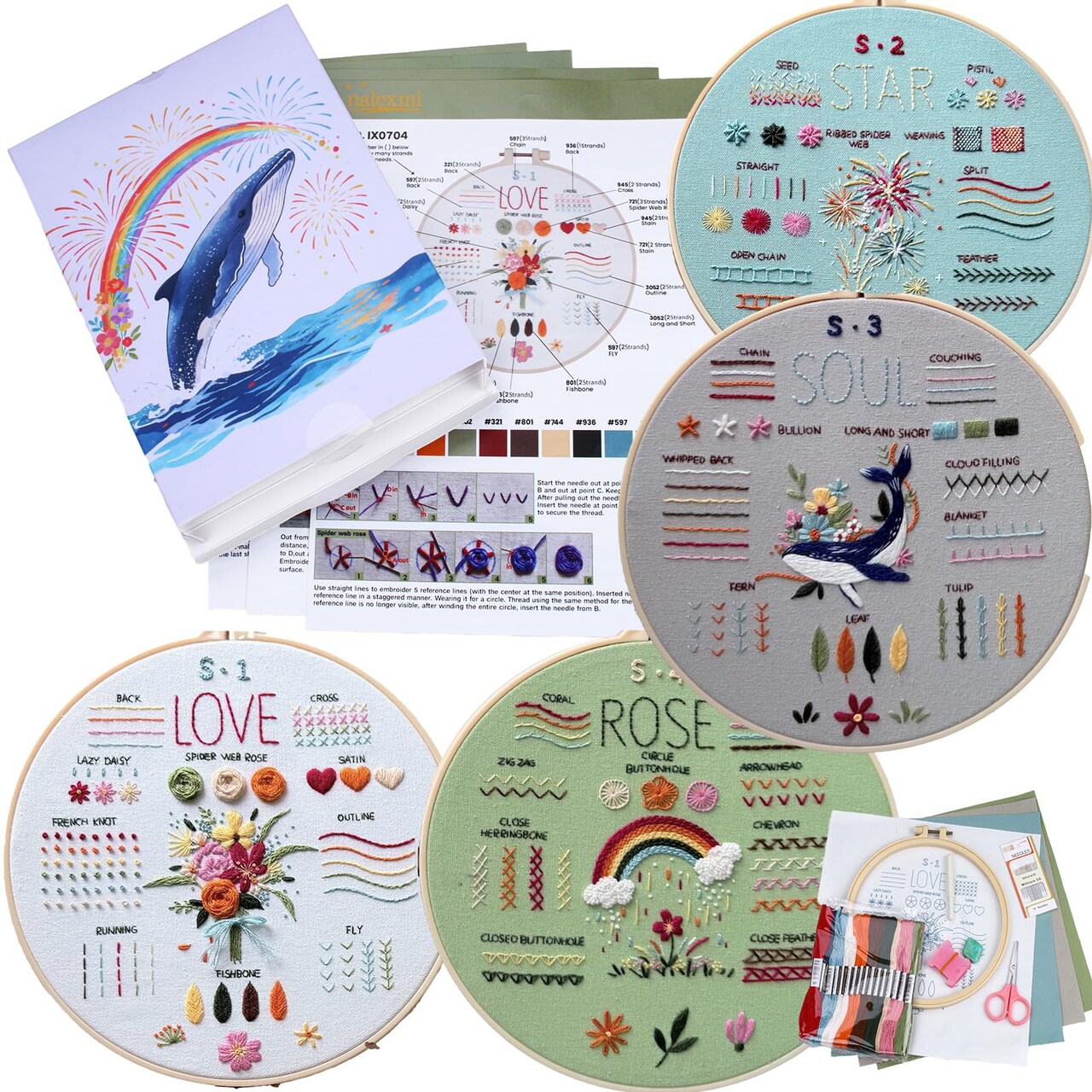 Embroidery Kit for Beginners, DIY Cross Stitching Kit with Stamped Flower Patterns, 4 Pack, Includes Hoop-1, Tools, Threads, Needles, Instructions